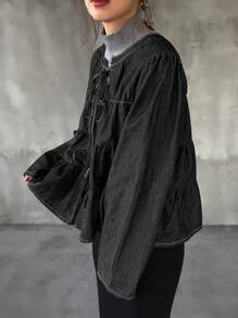 FRIFUL Blouse en jean à lacets décontractée pour femmes, manches longues à volants, printemps automne