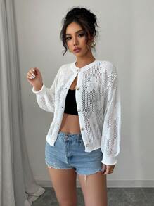 Chiquease 女士落肩常规休闲宽松圆领花卉镂空纽扣薄袖口和下摆春夏开衫 - 白色 - 查看 3
