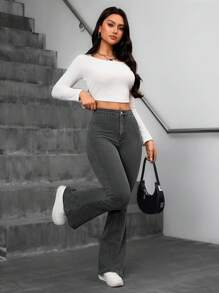 SHEIN ICON 女士休闲百搭喇叭牛仔裤 - 黑色 - 查看 4