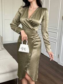 DAZY Plain V-Neck Puff Sleeve Pleated Slit Midi Dress For Women Prom Dress,Formal Women Dresses,Fall Dress Long Sleeve Dress Sexy Dress Elegant Women Dresses