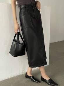 DAZY Solid Color PU Straight Slit Skirt For Women,Pencil Skirt,Fall Clothes Leather Skirt Winter Women Skirts