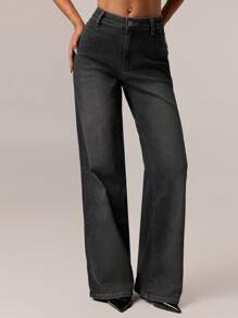 SHEIN Forever 21 春夏女士浪漫/舞会/正式/生日/90 年代/商务休闲/优雅/西部装/外出/时尚/休闲/Y2K 服装/俱乐部/办公室/鸡尾酒会/复古/紧身/狂欢服装/搞笑/优雅/老钱/街头服饰/度假/乡村音乐会/工作/端庄/春假/单身女郎服装/音乐会/坏人/基本款/毕业/蓝色水洗/低腰/宽松/直筒/阔腿/牛仔装/黑色牛仔裤 - 黑色 - 查看 5