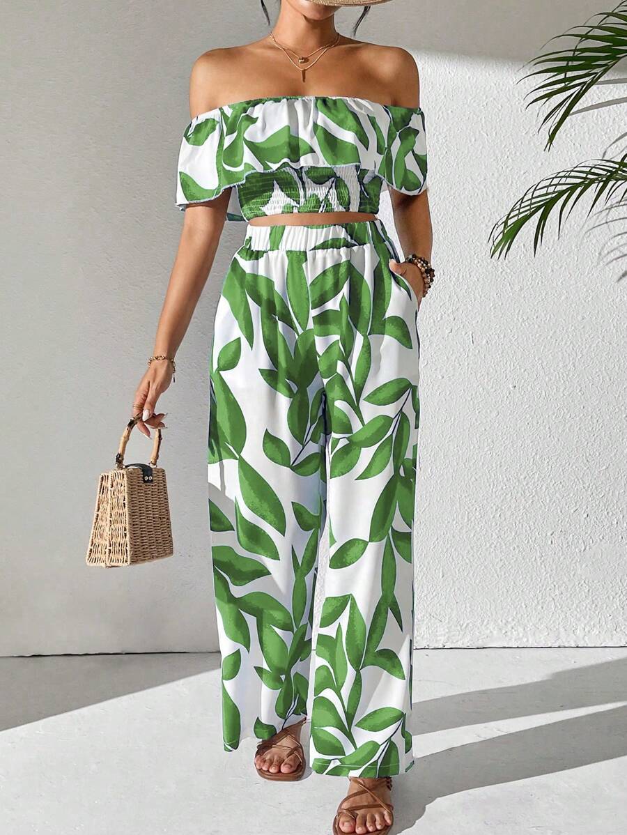 Breezaya 2pcs/Set Women Holiday Plant Print Ruffles Off Shoulder Top And Pants - Green - View 1
