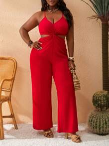 Slaydiva Plus Size Women Casual Vacation Solid Color Spaghetti Strap Hollow Out Jumpsuit - Red - View 5