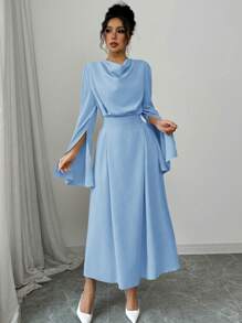 Elenzga 女士优雅纯色喇叭袖开衩连衣裙