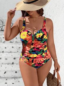 Swim Lushoire Plus Size Women Sexy Floral Print Adjustable Strap One-Piece Swimsuit, Flattering & Slimming Design For Beach, Resort Vacation For Summer - Multicolor - View 5