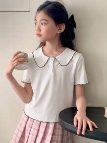 DAZY Tween Girl Casual Simple Contrast Trim Short Sleeve T-Shirt,Girls Summer Outfits,Back To School Clothes - White - View 6