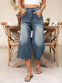 SHEIN LUNE Jeans décontractés pour femmes à jambes larges et taille haute lavés