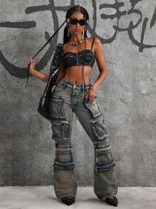 SHEIN ICON 女士多口袋喇叭百搭休闲牛仔裤