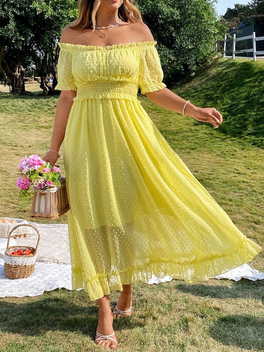 Flirla Plus Size Ladies Elegant Jacquard Off Shoulder Ruffled Long Dress - Yellow - View 1