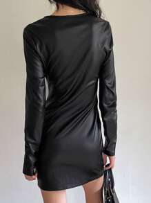 DAZY 女士时尚秋季短款 PU 紧身连衣裙、迷你连衣裙 - 黑色 - 查看 7