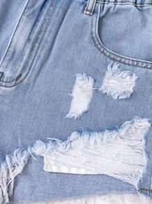 青少年女孩口袋破洞磨边休闲牛仔短裤 - 中等水洗藍 - 查看 6