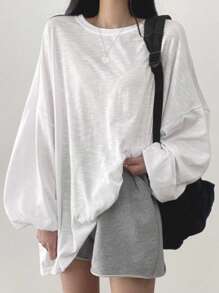 DAZY Solid Drop Shoulder Oversized Tee,Back To School Clothes Long Sleeve Women Tops - White - View 3