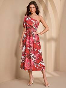 Chiquease Robe courte à une épaule avec manches bouffantes et imprimé de plantes tropicales affinante pour femmes, pour le printemps - Multicolore - Voir 6