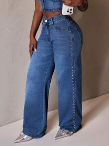 Slaydiva 女士口袋与铆钉装饰宽腿宽松休闲牛仔裤 - 藍色 - 查看 5