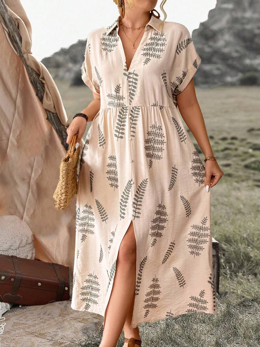 Ceyna Plus Size Boho Spring/Summer Vacation Casual Office Embroidered Shirt Collar Dropped Shoulder Long Dress With Button Decor - Apricot - View 1