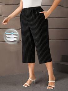 EMERY ROSE 大码女式夏季口袋条纹休闲 7/8 裤，日常穿着 - 黑與白 - 查看 3