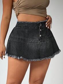 SHEIN ICON Plus Size Denim Shorts, Simple Fashionable Frayed Hem With Metal Buttons - Black - View 6
