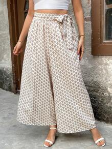 SHEIN LUNE Elegant Commute Vintage Casual Versatile Women's Fashion Floral Fabric Elastic Waist Loose Wide-Leg Pants, Plus Size, For Spring, Summer, Autumn