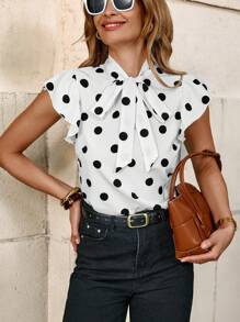 Solivie 黑白波点蝴蝶结领盖袖修身女式衬衫女式夏季服装乡村服装女式夏季服装