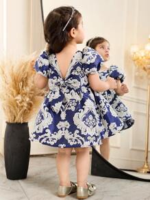 SHEIN Leap Crew Babygirl Summer Cute & Elegant Floral Print Dress - Blue - View 5