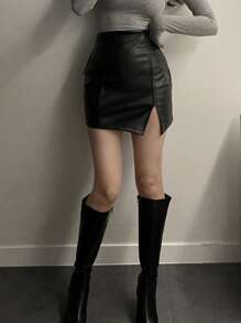 DAZY 女式 PU 侧开衩紧身迷你裙，黑色，四季皆宜，铅笔裙，返校服皮裙秋季