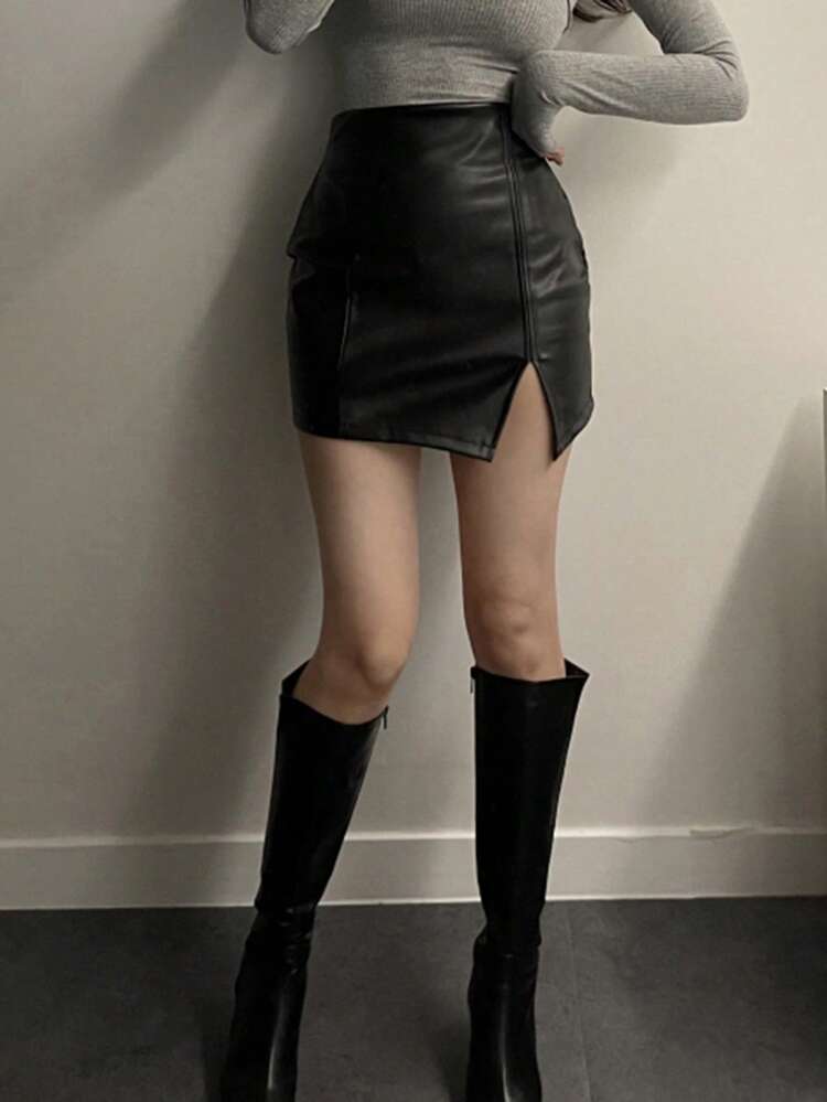 Women's PU Side Slit Bodycon Mini Skirt, Black, All Seasons,Pencil Skirt,Back To School Clothes Leather Skirt Fall