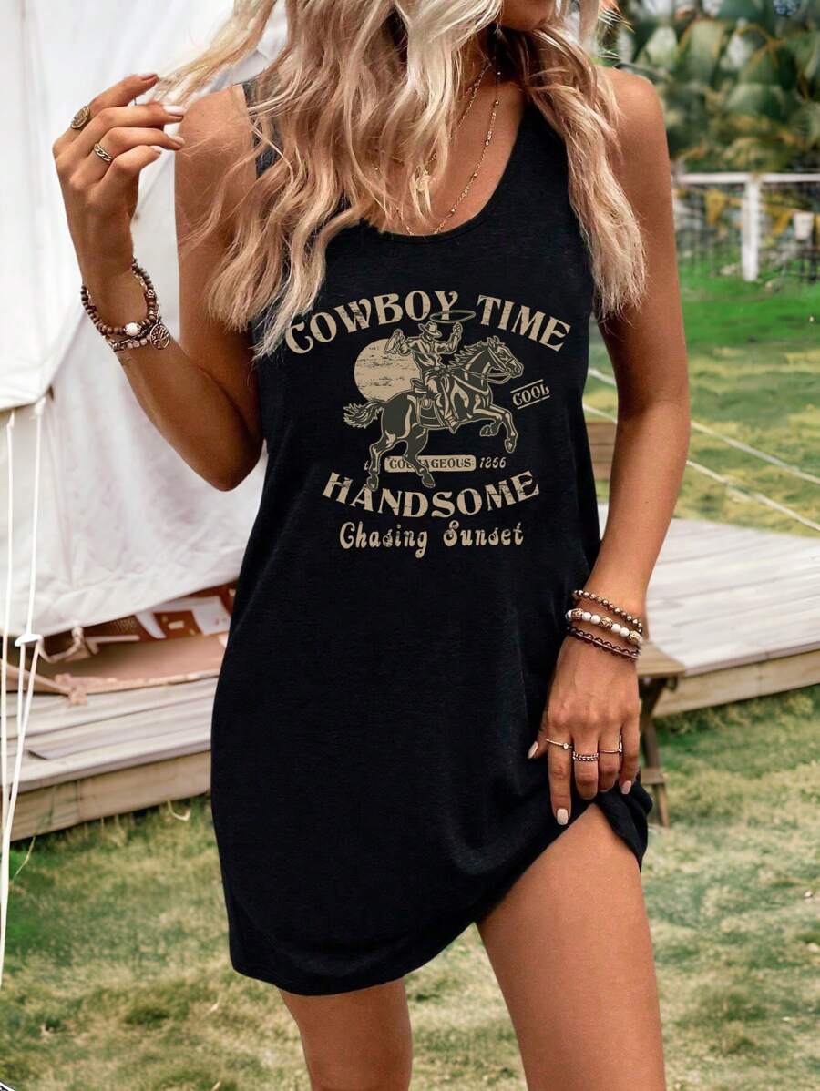 SHEIN LUNE Floral & Slogan Graphic Tank Dress,Western Cowboy Graphic,Suitable For Summer And Music Festival - Black - View 1