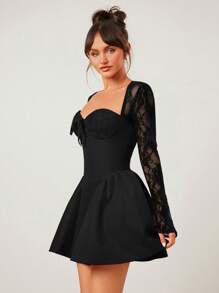 SHEIN SXY 大码女式甜心领撞色蕾丝长袖前系带优雅连衣裙 - 黑色 - 查看 4