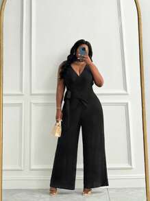 Slaydiva Plus Size Black Knitted Jumpsuit: Elegant V Neck, Sleeveless, Wrap Detail, And Long Length For A Chic Look - Black - View 3