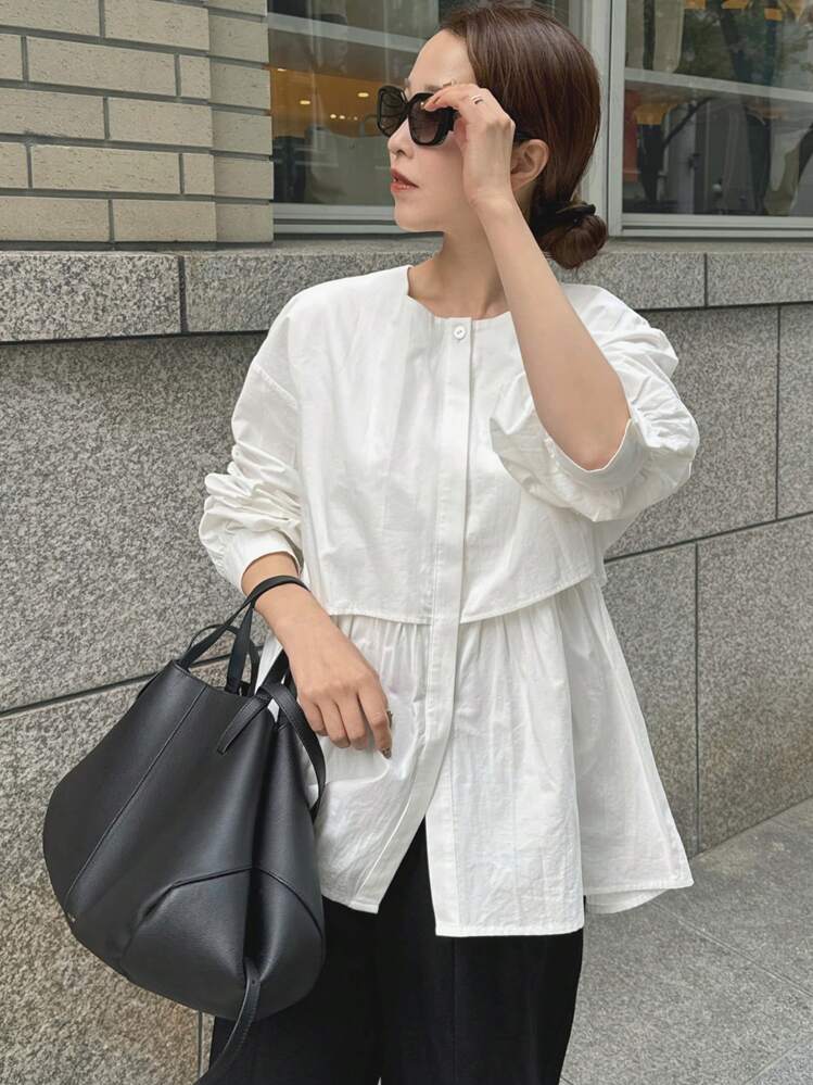 FRIFUL Blusa casual holgada de un solo pecho con cuello de volantes y hombros caídos de unicolor para mujer, otoño - Blanco - Añade 8