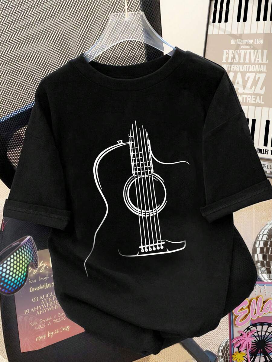 INAWLY 宽松版型女式超大号原声吉他图案印花 T 恤