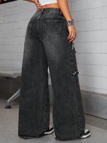 SHEIN ICON 低腰刺绣贴片洗水阔腿女式牛仔裤 - 深灰色 - 查看 2