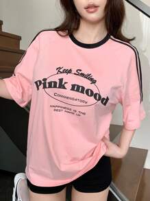 DAZY Women Summer Slogan Striped Printed Round Neck Raglan Sleeve Short Sleeve Casual T-Shirt,Graphic Tees