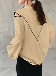 FRIFUL Women's Round Neck Loose Fit Contrast Top Stitching Body-Con Zipper Hollow Out T-Shirt, Fall Clothes Preppy Tops - Apricot - View 4