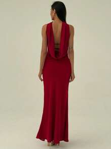 Aloruh 优雅系带性感露背长款正式晚礼服，百搭美人鱼风格连衣裙 - 紅色 - 查看 3