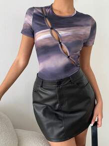 SHEIN Essnce 夏季女式扎染印花斜扣眼短袖上衣，复活节/音乐会女装 - 彩色 - 查看 7