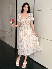 DAZY Robe d'été imprimée de fleurs avec encolure carrée et taille froncée, robe de fermière sundress pour femmes