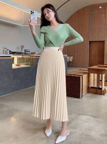 DAZY Color Block Pleated A-Line Skirt For Women - Apricot - View 4