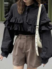 FRIFUL 女式荷叶边宽松圆领衬衫长袖上衣