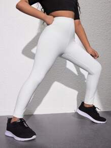 SHEIN Tween 女童休闲运动百搭高弹力针织紧身裤，白色