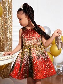 SHEIN Young Girl V-Neck Bow Decor Sleeveless Christmas Party Dress