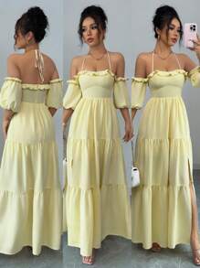 Rafferiza Vestido largo con abertura alta, cintura ceñida, mangas abullonadas, volantes en el bajo, de tela con textura arrugada y parches, versátil y de moda para vacaciones, sin tirantes y con nudo - Amarillo - Ver 1