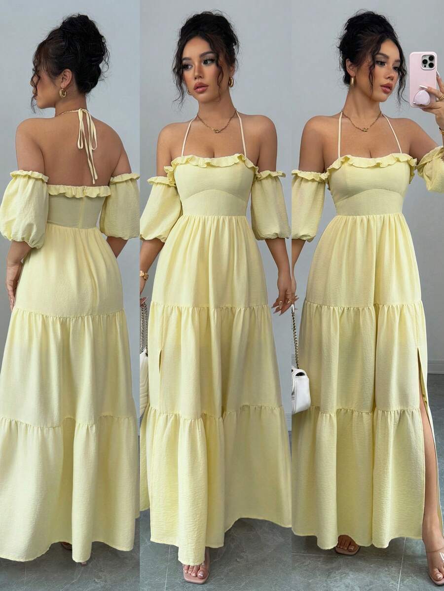 Rafferiza 女士时尚百搭度假露肩系带荷叶边下摆泡泡袖收腰高开衩长裙，褶皱纹理面料拼接 - 黃色 - 查看 1