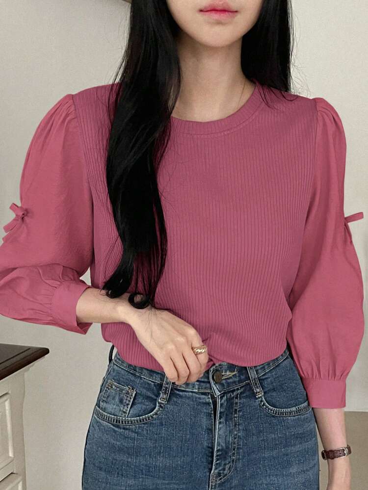 Women's Ribbed Fabric Patchwork Round Neck Loose Pullover Shirt With Butterfly Decor Long Sleeve Top