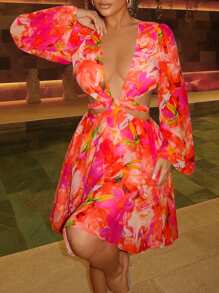 SHEIN SXY 女士花卉满印花镂空灯笼袖连衣裙 - 彩色 - 查看 6