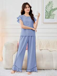 SHEIN 少女简约优雅拼色荷叶边短袖和裤子 2 件套睡衣套装，编织面料家居睡衣 - 藍色 - 查看 5