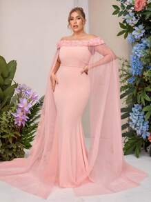 SHEIN Belle Plus Size Elegant Minimalist Pink Flounce Off Shoulder Neck Floral Embellished Long Flared Hem Bridesmaid Dress