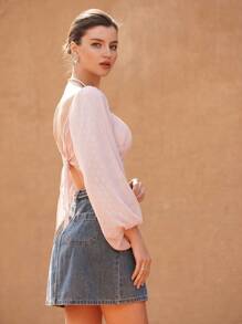 SHEIN Privé Blusa de manga larga con cordones en la espalda y acabado metálico en color rosa para mujeres - Rosa - Ver 4