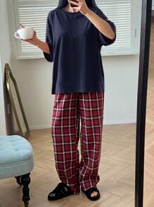 DAZY Conjunto de ropa de descanso con top y pantalones holgados a cuadros